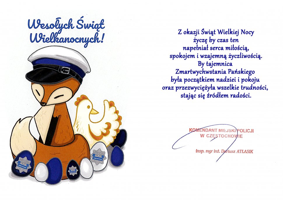 kartka z życzeniami wielkanocnymi od Komendanta inspektora Dariusza Atłasika