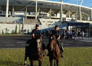 Policjanci z zespołu konnego na koniach.