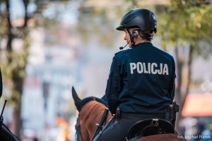 policjantka siedzi na koniu tyłem do fotografującego