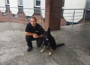 policjant z psem służbowym zdjęcie wykonane przed wejsciem do budynku KMP