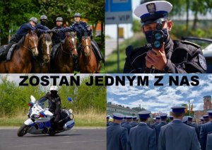 kolaż 4 zdjęć przedstawiających policjantów na koniach, policjanta z radarem w ręku, policjanta na motocyklu i policjantów w strojach galowych ustawionych w szyku