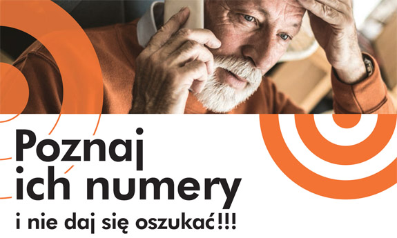 Plakat kampanii na którym starszy mężczyzna rozmawia przez telefon a pod nim napis Poznaj ich numery